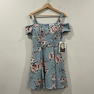 NWT Love, Nickie Lew Blue Floral Cold Shoulder Mini Fit & Flare Dress Medium